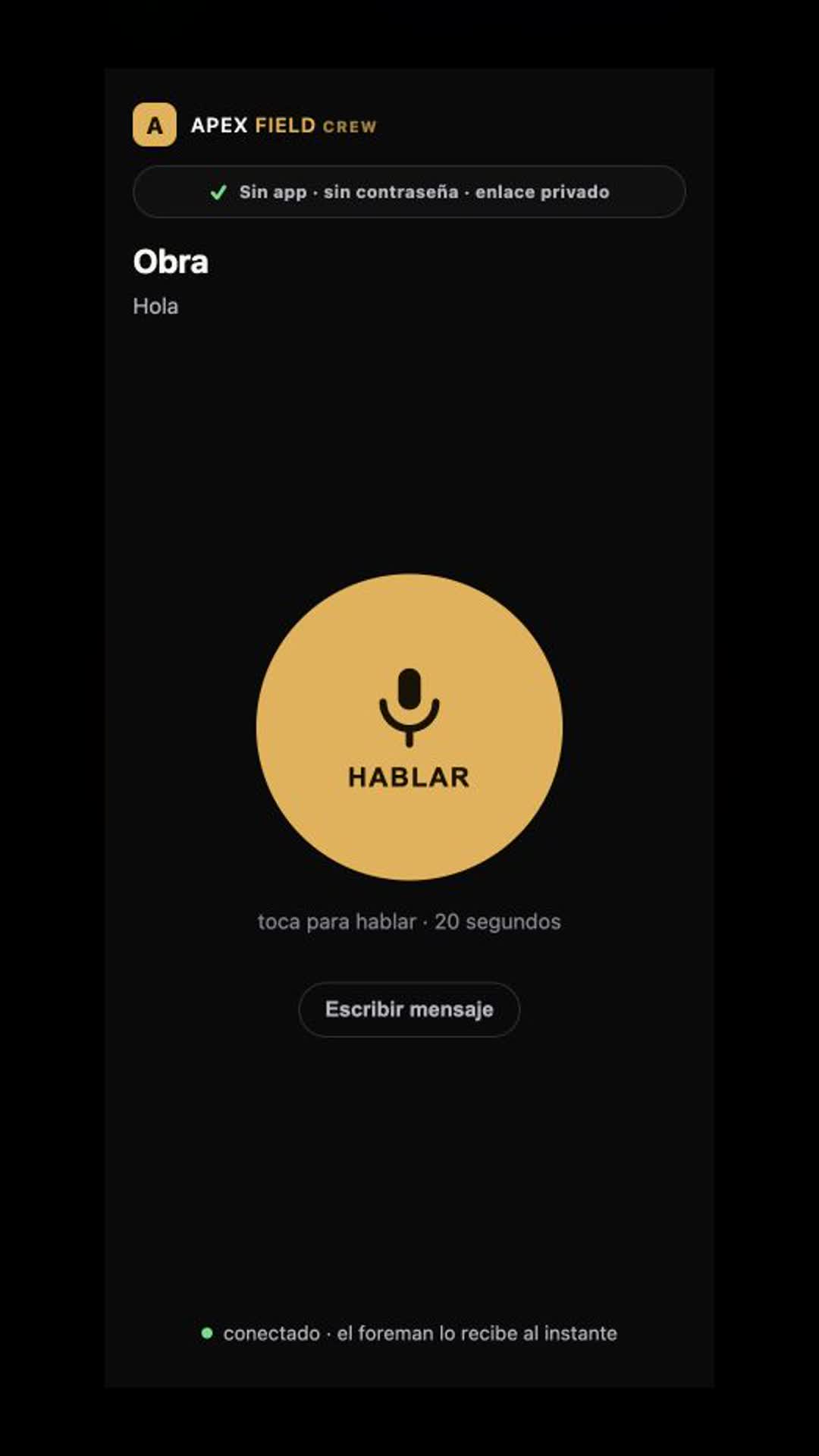Actual Apex Field crew report screen with voice, text and photo reporting